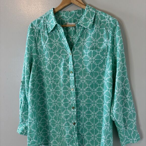 Charter Club 100% Linen Button Up Top Mint Green Roll Tab Sleeve Blouse Sz XXL - Picture 2 of 8